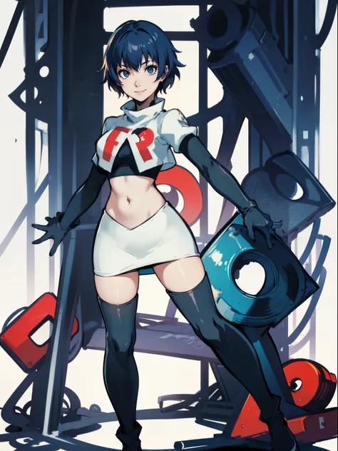 shiroganenaoto, blue hair, team rocket, team rocket uniform, red letter r, white skirt, white crop top, black thigh-highs, black...