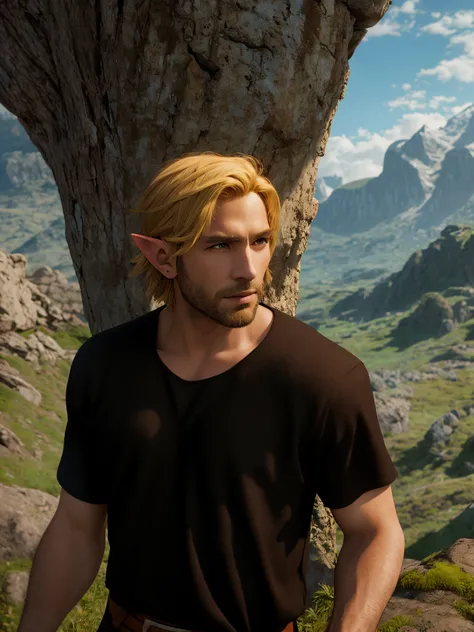 arafed man standing on a rocky hill with a rock in the background,HD, (Best Detail), (Best Quality), Zelda, Relic, Joy, Masterpiece, Best Quality, High Resolution, Relic, Forest, Elf Ears, ((Blonde Hair))