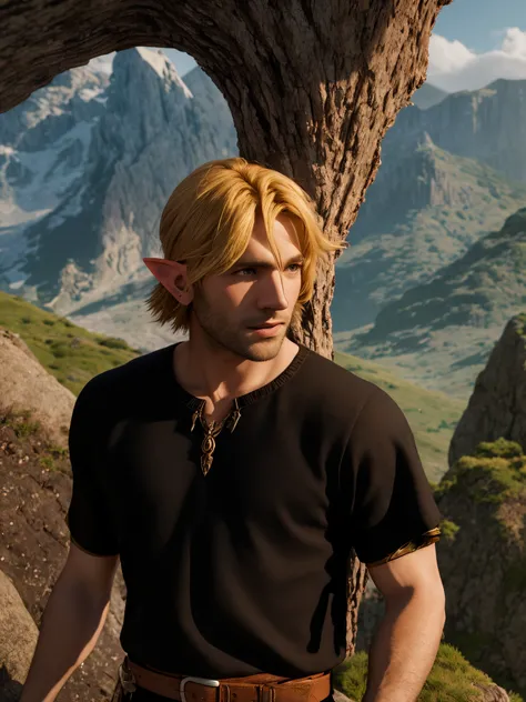 arafed man standing on a rocky hill with a rock in the background,HD, (Best Detail), (Best Quality), Zelda, Relic, Joy, Masterpiece, Best Quality, High Resolution, Relic, Forest, Elf Ears, ((Blonde Hair))