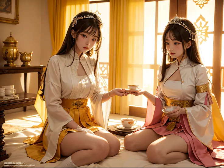 ​masterpiece、UHD、highest grade、8k、16k、Palace bedroom、A beautiful teenage servant brings breakfast to his master.、电影灯光、Divine Light、full bodyesbian、frombelow、upskirt