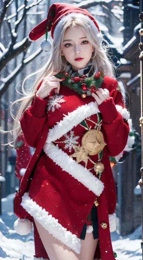 (best quality,highres),(warm and cozy),(festive atmosphere),(Christmas theme),(woolen Christmas coat:1.2),(detailed knitting texture),(vibrant green plaid skirt),(knee-high black socks),(festive accessories),(charming smile),(traditional Christmas colors),...