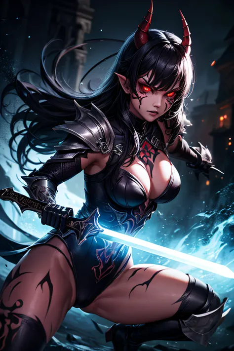 girl, demon warrior, evil look, wielding a sword, demonic armor, facepaint, bodypaint, red glowing eyes, combat stance, vibrant appearance, creative behavior, imaginative, sensual, spontaneous, highest quality, skin texture, intricate details, (cinematic l...