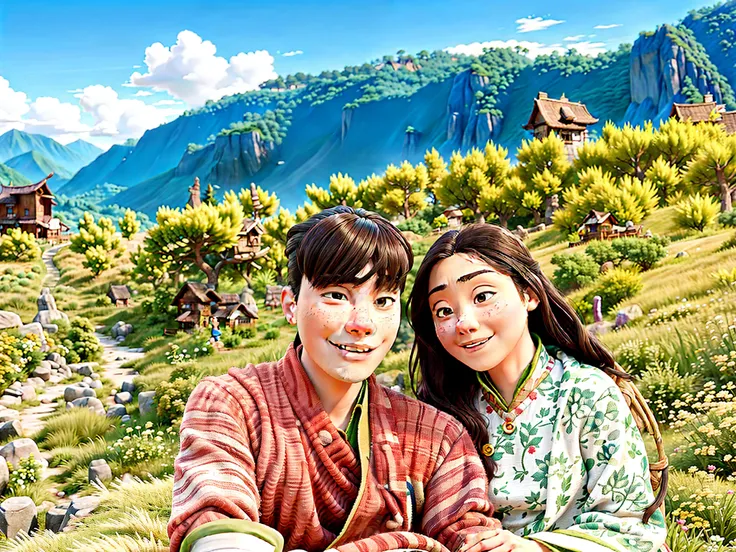 they are sitting on a bench in the grass with a book, ruan jia and fenghua zhong, lovely couple, couple, with mountains in the background, with village, traditional clothes, nuttavut baiphowongse, zmonzheng, wearing traditional garb, ruan jia and brom, vac...