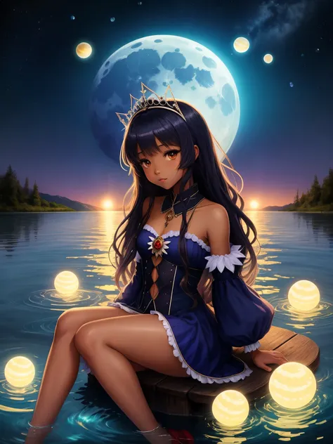 Anime black girl, black fairy princess, sitting in the middle of a lake bathed in moonlight, sprites and light orbs all around