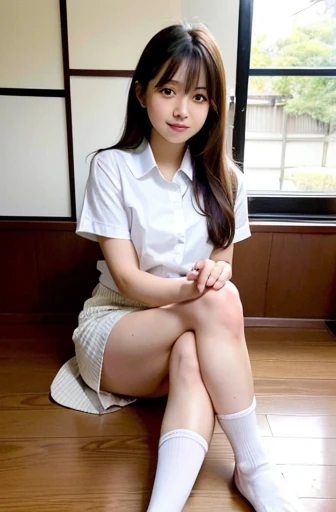 (best quality,4k,8k,highres,masterpiece:1.2),ultra-detailed,(realistic,photorealistic,photo-realistic:1.37),schoolgirl,sitting on the ground with her legs crossed, wearing a traditional Japanese school uniform, young beautiful Asian girl, Japanese high sch...