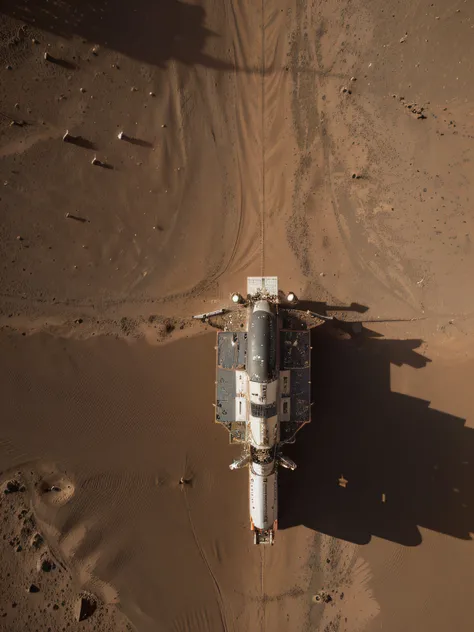 On Mars, a huge cutting-edge machine is at work. Metallic glossy texture, solar panels, astronauts distributed on the Mars ground. Bright picture, robot, starry sky, daytime, exploring vehicle details, super wide angle, birds eye view, high realism, light ...