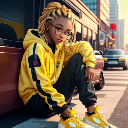 Create an illustration of a beautiful African American teenager, wearing a yellow stylish luxury sweat suit with stylish matching yellow Jordans, glamorous luxury jewelry, long black faux locks, black rimmed glasses, sitting on the bumper of a orange beame...