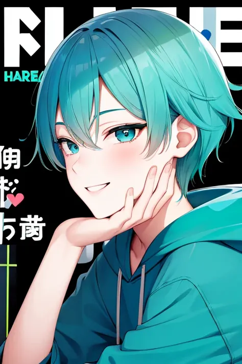 (1 boy), 独奏,teal theme,looking at the viewers,portlate,from side,big blue green hoodie,(Happy smile),Background is magazine cover,piece sign,Solo, Blue-green hair,Blue eyes,Portrait, hands on own face, hands on own cheeks,(Eyes that shine like jewels),(lon...