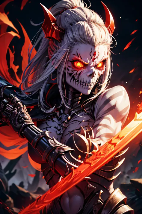 girl, skeleton warrior, evil look, sexi,  wielding a sword, skeleton armor, facepaint, bodypaint, red glowing eyes, combat stance, vibrant appearance, creative behavior, imaginative, sensual, spontaneous, highest quality, skin texture, intricate details, (...