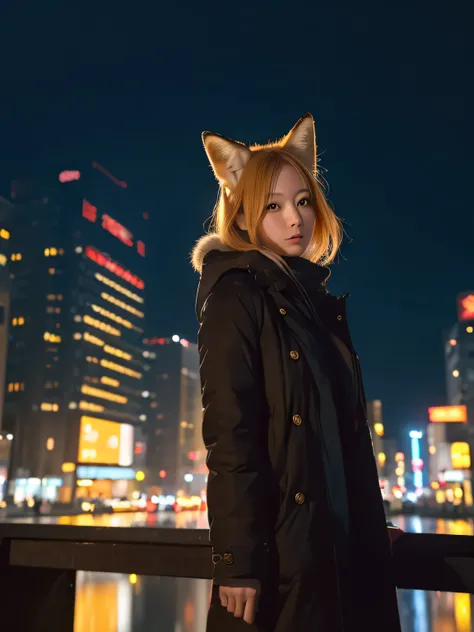 ((Best Quality, 8K, masutepiece: 1.3)), 1girl in, Slim like a golden fox burning in a dark night with nine syrups、Ambient light and dark lighting focus on the girl、There are Japan cities with LUS and shadow effects caused by illuminated aura.