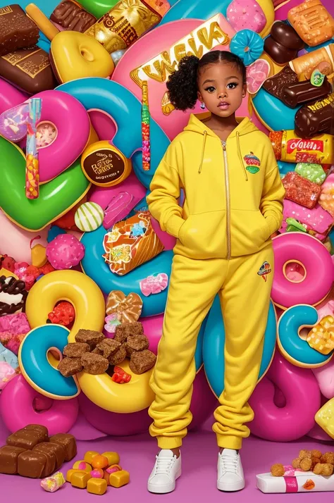 create an illustration of a  African American toddler that is standing next to a giant "Twix" candy bar. She is lavishly dressed in a tanish gold sweat suit with "Twix" on it and matching shoes. she sports a super cute hair style and candy jewelry. This is...