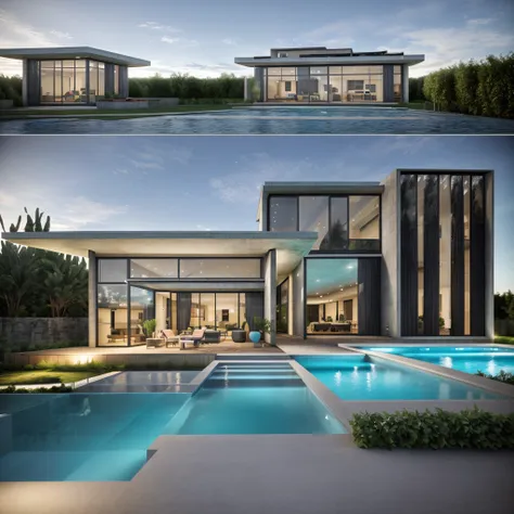 a modern villa with a swimming pool, realistic photo, 3d render