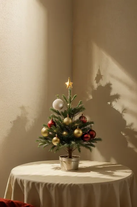 maestronoob art style, high high quality, Christmas atmosphere background, tablecloth, Texture material, eye-catching light and shadow, Clear water mold, mottled red bricks, simple green plants, Merry Christmas!