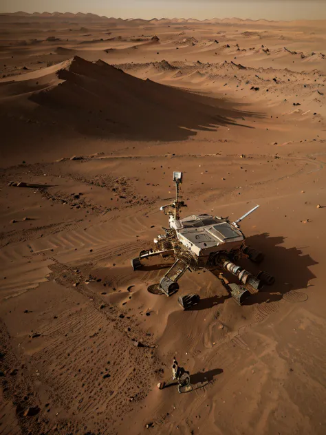 On Mars, a huge cutting-edge machine is at work. Metallic glossy texture, solar panels, astronauts distributed on the Mars ground. Bright picture, robot, starry sky, daytime, exploring vehicle details, super wide angle, birds eye view, high realism, light ...