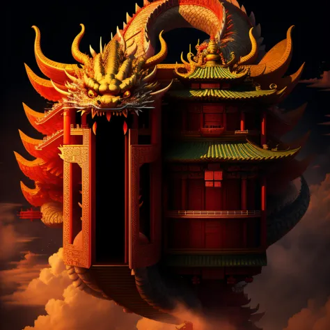 The flying dragon hovers over the Chinese-style building，soybean，totem，tmasterpiece，Best quality at best，ultra - detailed。loud picture，clean backdrop