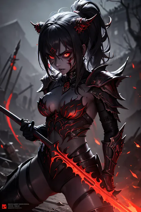 girl, rotting zombie warrior, evil look, sexi,  wielding a spear, demonic armor, facepaint, bodypaint, red glowing eyes, combat stance, vibrant appearance, creative behavior, imaginative, sensual, spontaneous, highest quality, skin texture, intricate detai...