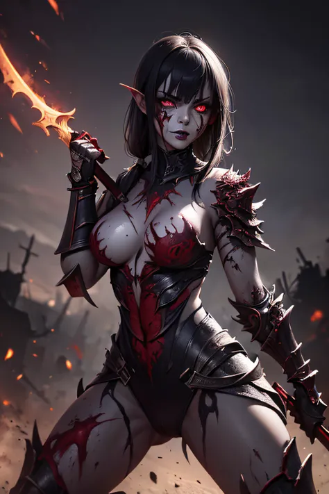 girl, rotting zombie warrior, evil look, sexi,  wielding a spear, demonic armor, facepaint, bodypaint, red glowing eyes, combat stance, vibrant appearance, creative behavior, imaginative, sensual, spontaneous, highest quality, skin texture, intricate detai...