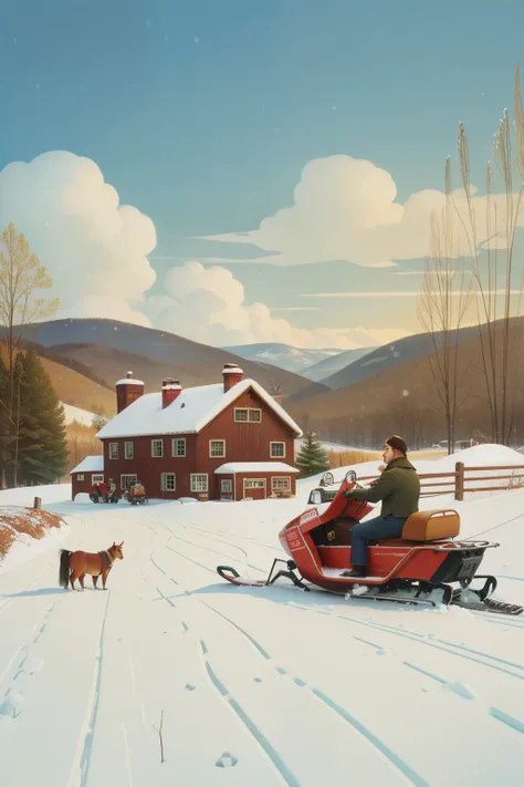 1996, Berkshire County, Massachusetts. Pre-raphaelite scene with winter, snow, snowmobiles approaching a farm, ((Wes Anderson cinematic style)), colorful