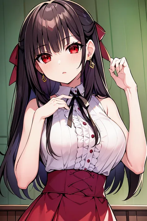 1girl, highest quality, best quality, , highly detailed, best illustration, masterpiece, Kurumi, 1girl, solo, long hair, looking at viewer, long red skirt, shirt,sleeveless, white background, jewelry, white shirt, earrings, armpit, parted lips, nsfw