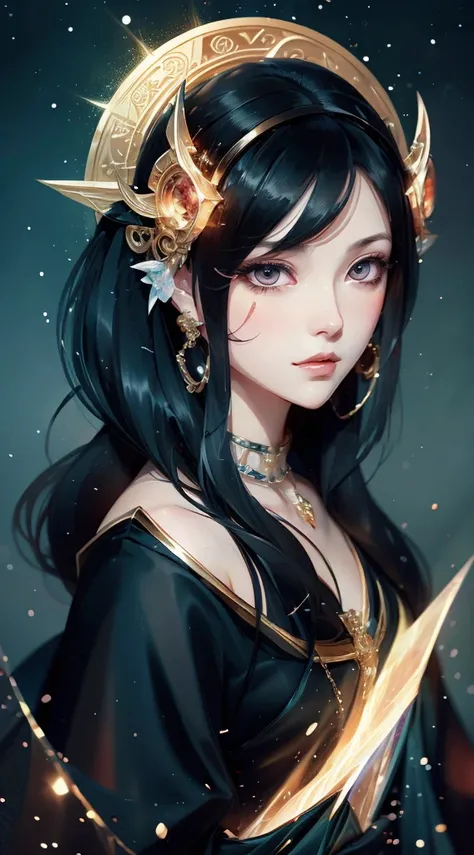 Fantasy Art,kawaii girl、 black haired deity, beautiful character painting, Guvez style artwork, Yukionnas dazzling gaze, guweiz, Long black hair, Flowing hair and robes, cute large eyes, Illustrations, fine lines, dark colored