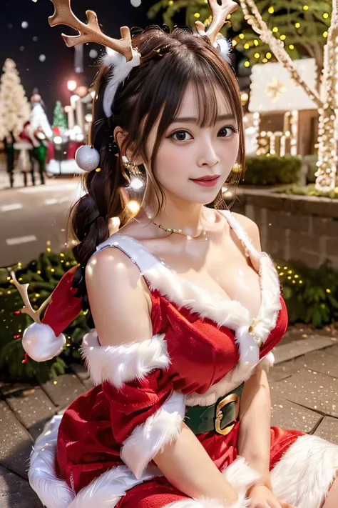 (((Gorgeous Christmas illuminations on street trees:1.3))),christmas tree night lighting,(((Wallpaper of two women enjoying Santa Claus cosplay and cute reindeer cosplay:1.3))),a miniskirt,(The white part of the costume looks like fluffy snow,The red part ...