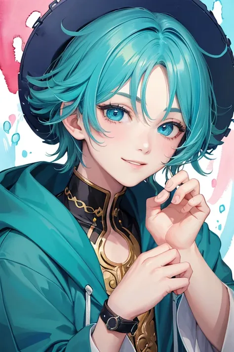 ((1 boy)), 独奏,teal theme,looking at the viewers,portlate,From Side,big blue green hoodie,(Happy smile),Background is magazine cover,piece sign,Solo, Blue-green hair,Blue eyes,Portrait, hands on own face, hands on own cheeks,(Eyes that shine like jewels),(l...