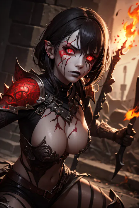 girl, rotting zombie warrior, evil look, sexi,  wielding a spear, demonic armor, facepaint, bodypaint, red glowing eyes, combat stance, vibrant appearance, creative behavior, imaginative, sensual, spontaneous, highest quality, skin texture, intricate detai...