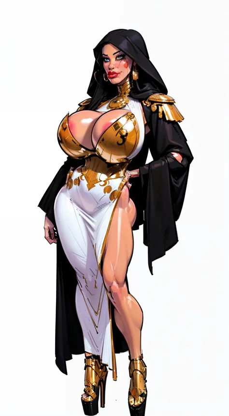 ((masterpiece)),(((best quality))),((character design sheet)), ((full body view)) ((cyberpunk empress)) mature face, ((middle eastern eyes:1.4)), ((gold cybernetic gown)), (((intricate futuristic breastplate))), defined cheekbones, high cheekbones, illustr...