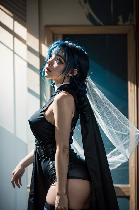 1girl, (nun:1.1), blue hair, messy hair, (braid), young female, ahegao, rolling eyes, black thighhighs, torn clothes, (veil:1.2), bare breasts, headback, view from the side