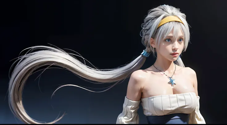 velzard, bangs, blue eyes, grey hair, hair between eyes, long hair, twintails, yellow hairband, bare shoulders, jewelry, necklac...