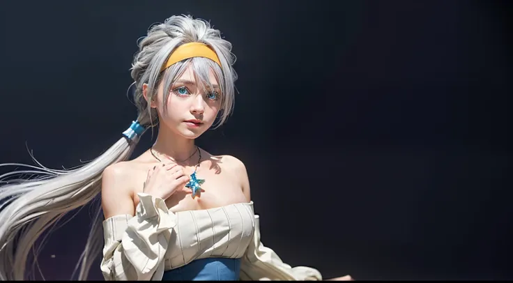 VELZARD, BANGS, BLUE EYES, GREY HAIR, HAIR BETWEEN EYES, LONG HAIR, TWINTAILS, YELLOW HAIRBAND, BARE SHOULDERS, JEWELRY, NECKLACE, DRESS, CLEAVAGE, DETACHED SLEEVES, BLUE SKIRT, 1girl, solo, upper body, facing viewer, looking at viewer, smile,