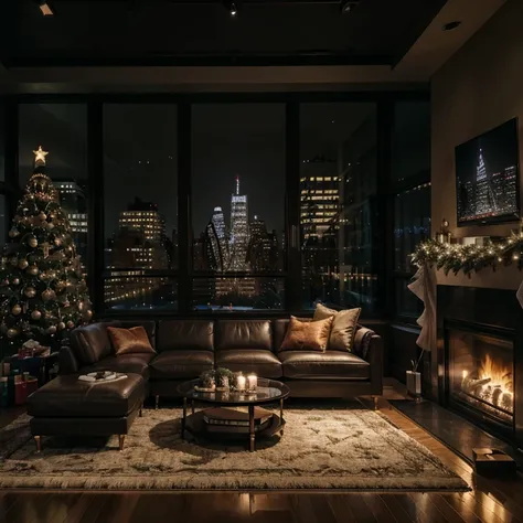 Cozy  urban chic living room,Christmas tree，gifts，fireplace，the night，New York  citystyle living room with large windows, city skyline,  high rise,  holiday vibe