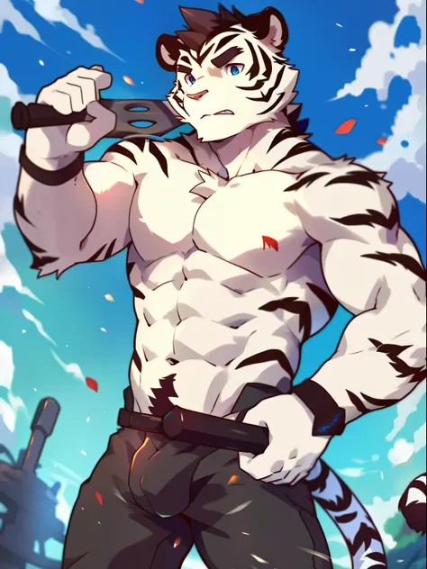 by zixiong, (1boys), Alone, male people, (the white tiger), barechested, Hot body, musculature, Tough guy, only, sexy for, Handsome boy, AS-Adult, (Detailed blue eyes), (Mens tong); (tmasterpiece, A high resolution, Best quality at best), 8K, Under the sky