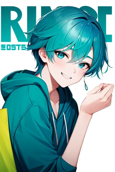 (1 boy), 独奏,teal theme,looking at the viewers,portlate,From Side,big blue green hoodie,(Happy smile),The background is a colorful magazine cover,piece sign,Solo, Blue-green hair,Blue eyes,Portrait, hands on own face, hands on own cheeks,(Eyes that shine li...