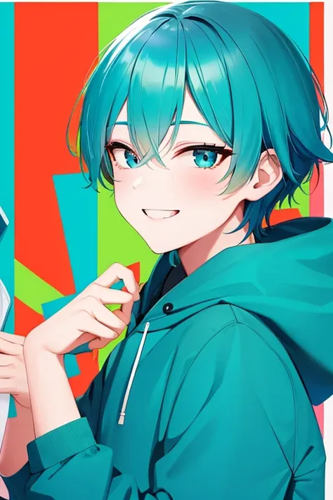 (1 boy), 独奏,teal theme,looking at the viewers,portlate,From Side,big blue green hoodie,(Happy smile),The background is a colorful magazine cover,piece sign,Solo, Blue-green hair,Blue eyes,Portrait, hands on own face, hands on own cheeks,(Eyes that shine li...