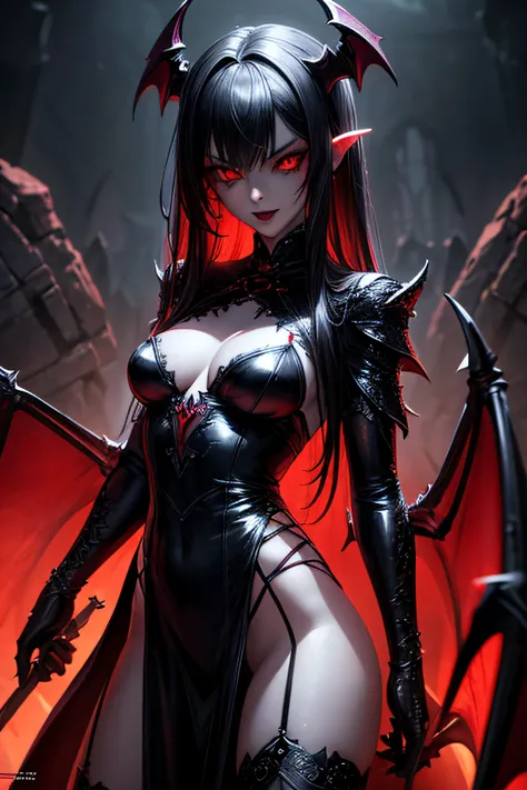 girl, dark vampire, evil look, vampire dress, red eyes, fangs, sexi, small breasts, dark aura, battle stance, highly detailed, vibrant appearance, creative behavior, imaginative, sensual, spontaneous, highest quality, skin texture, intricate details, (cine...