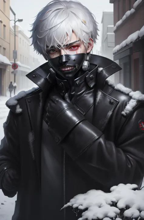 (photorealistic:1.4), (masterpiece, sidelighting, finely detailed beautiful eyes: 1.2), best quality, more details, masterpiece, 1boy, kaneki ken, portrait, close-up,  male focus, red eyes, solo, mask, black nails, short hair, black background, nail polish...