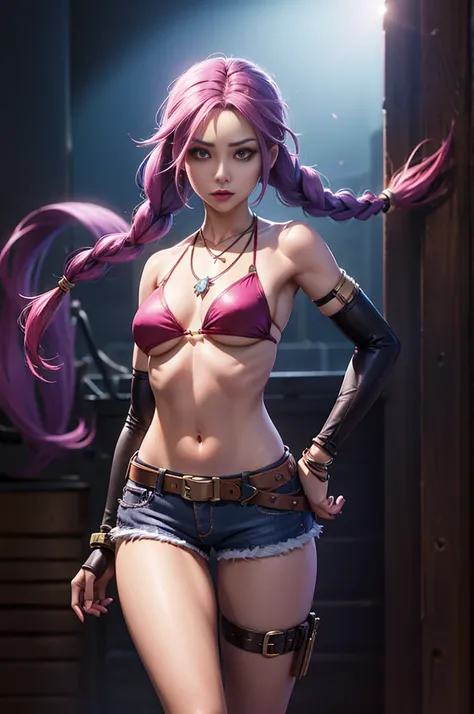 jinx (league of legends), 1girl, twin braids, single elbow glove, short shorts, bikini top only, necklace, belt, bullet, fingerless gloves