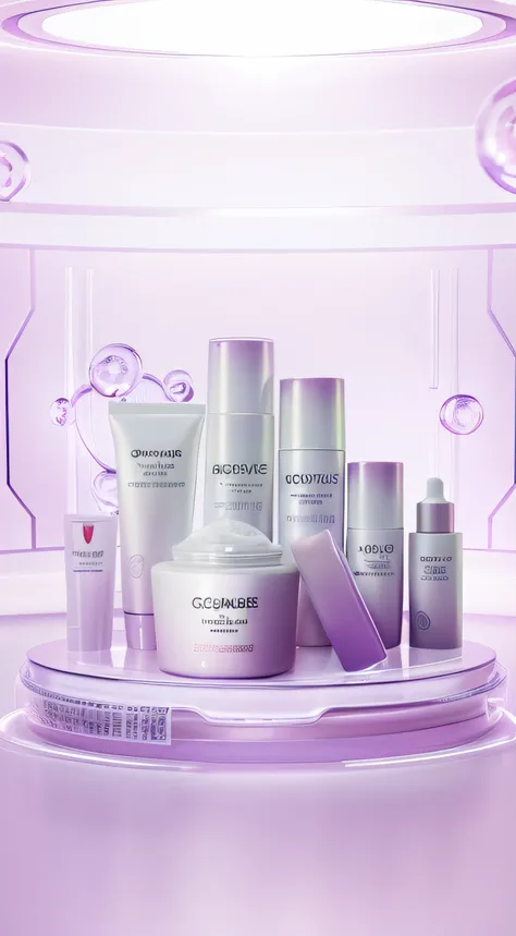 Close-up of skin care products displayed on table, ProductAdvertisements, product showcase, skin care, skin care, high quality topical render, frozen, product, the face, pristine skin, violet skin, Lungen, 3d product, glowy skin, product introduction photo...