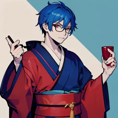 A man with blue hair, red eyes, wears glasses, looks cunning, wears a kimono, has fangs.