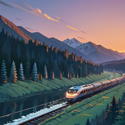 High-speed train, mountain background, twilight, pine forest, river,