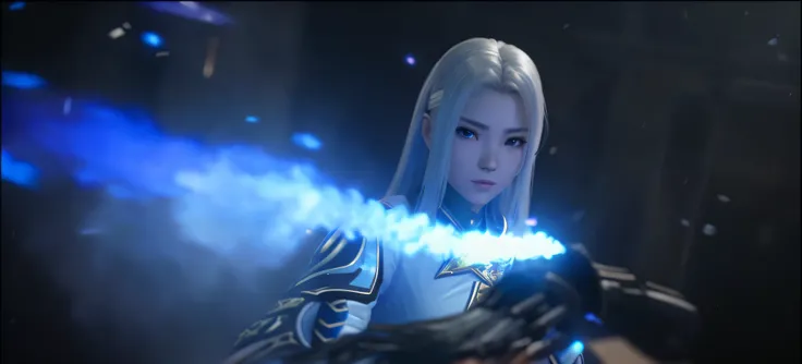 um close up de uma pessoa segurando um sabre de luz em um quarto escuro, Estilo Lineage 2 Revolution, da linhagem 2, Cinematic Shadowbringers, Tifa Lockhart com cabelos brancos, rossdraws volumetric lighting, iu lee ji-eun as a super villain, Jogo CG, epic...