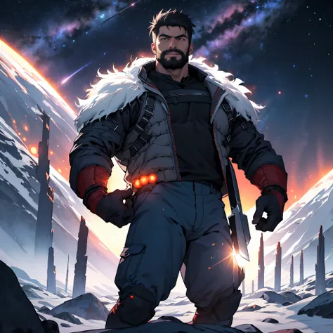 Draw a young berserker，Standing on the top of the mountain of people。He is killing people with a knife，Surrounded by，terrible enemy。Terrifying lights from distant stars and planets illuminate the scene，A deep shadow was cast on the spacesuit。The young man ...