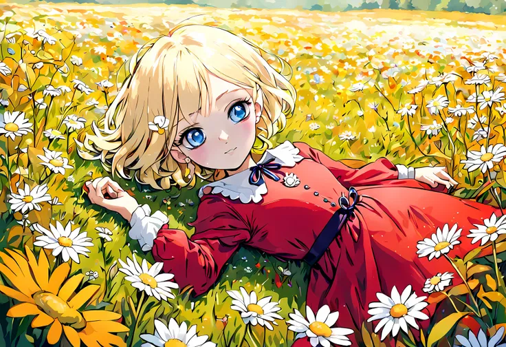 1girl lying,  in a field of flowers, red dress, white flower,  earrings, looking at viewer, blue eyes, red ribbon, necklace, long sleeves, blonde hair, short hair, daisy