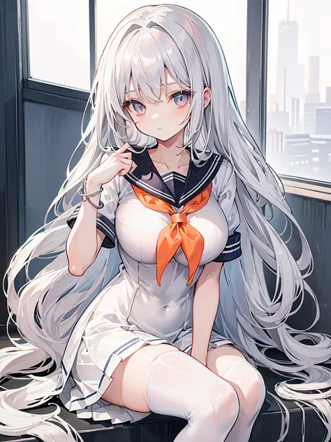 Long gray-white hair，Light orange eyes，There is no light in the eyes，Hair is messy，Sailor uniform school uniform，Girl in good shape，With a beautiful bracelet，White panty hose，Big Breasts Girl