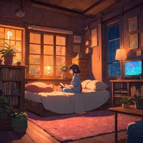 Girl listening to music in cozy room at night, Usando Furnes de Uviedo, 2D style anime, Lo-Fi, k hd, ambiente dark