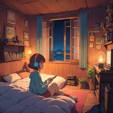 Girl listening to music in cozy room at night, Usando Furnes de Uviedo, 2D style anime, Lo-Fi, k hd, ambiente dark