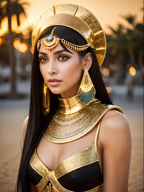 hyper realistic, ultra detailed photograph of a woman with in futuristic headwear inspired by an ancient Egypt queen, Cleopatra headwear, Womens Black Egyptian Goddess Cleopatra Costume with gold decorations, silk dress. snake, gold, silver, stones, scarab...