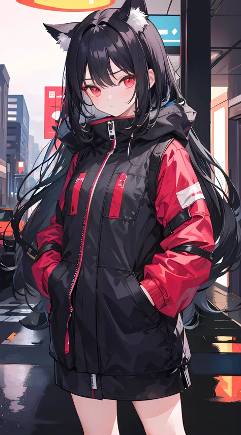 1girl, night, long hair, black hair, hands in pockets, jirai fashion