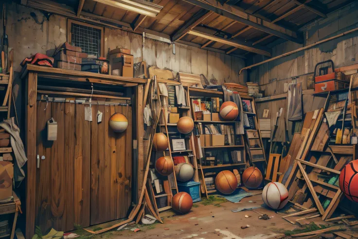 the night，in an abandoned sports warehouse，wooden structure，there are many sporting goods piled around，the locked door has an ir...